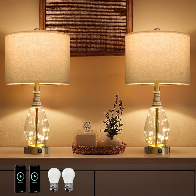 OYEARS 23" Table Lamps for Living Room Set of 2 Bedside Lamps for Night Stands Bedroom Lamps Farmhouse Rattan Boho Lamp Glass Nightlight End Table Lamp with USB C+A (Gold),Two Light Points - Image 1